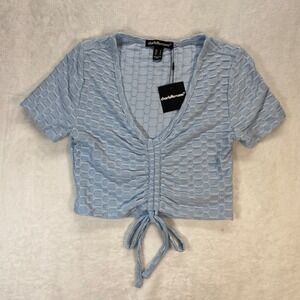 Charlotte Russe Ruched‎ Front Crop Top Plunge Neck Textured Blue Small y2k 2000s